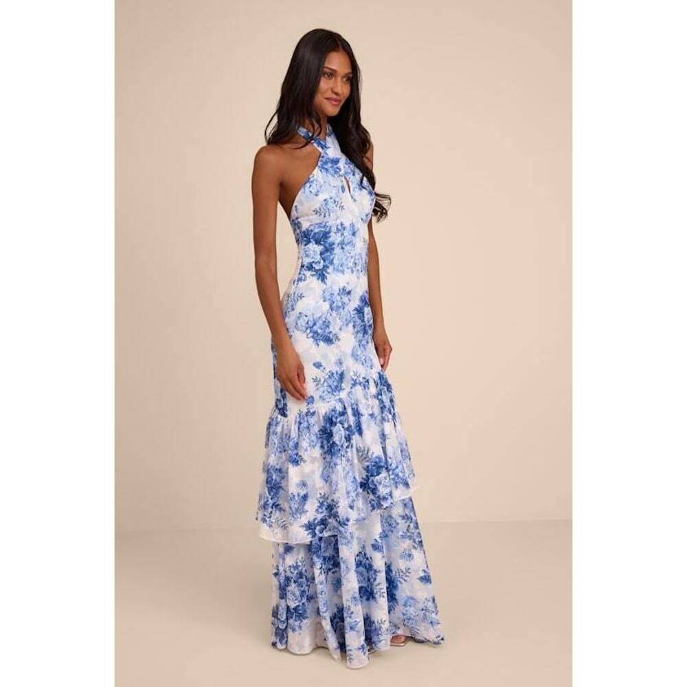 Lulus Eloria White And Blue Floral Halter Maxi Dress - Size M